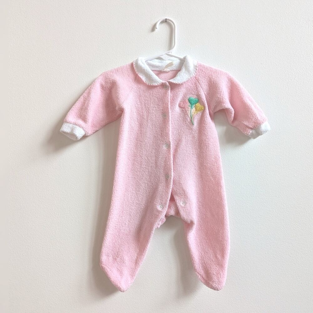 Vtg Terry Cloth Sleeper 0-3m Pink Balloons Collared 90s